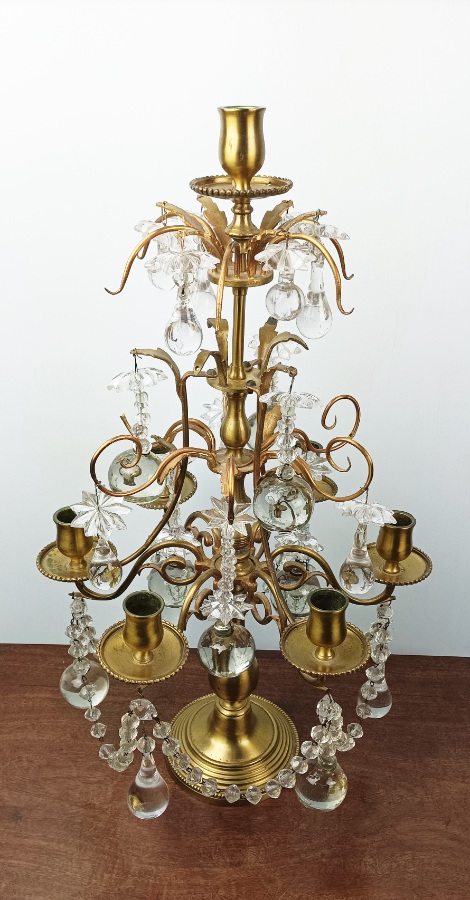A Louis XVI Style Gilt MetalBrass and Glass Three Armed Candelabra (2).jpg